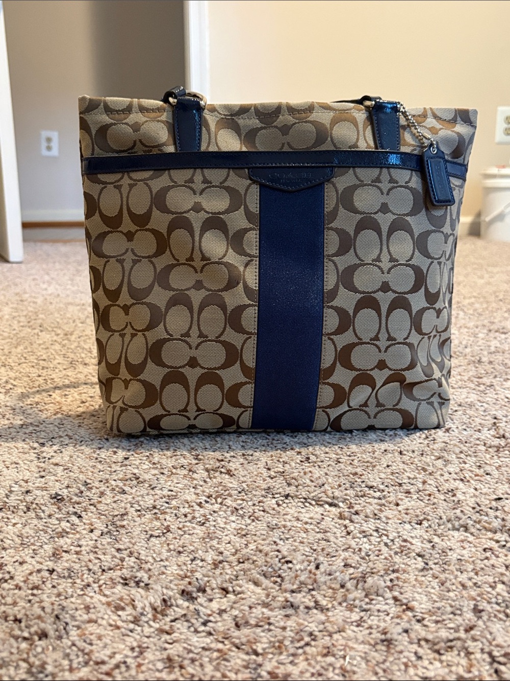 Coach Tan Signature Canvas Tote with Navy Stripe